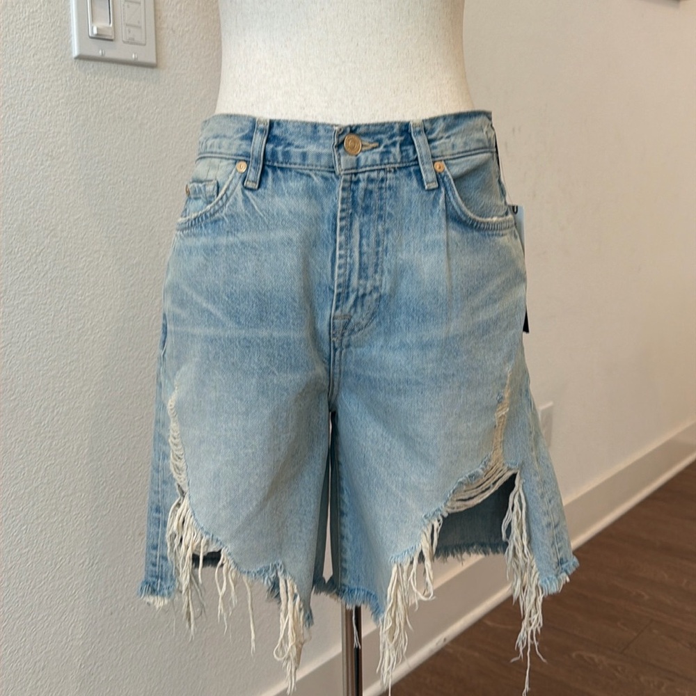 7 For All Mankind Light Blue Distressed High-Waist Jean Shorts